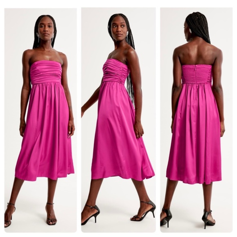 Abercrombie & Fitch Strapless Ruched Fuchsia Midi Dress